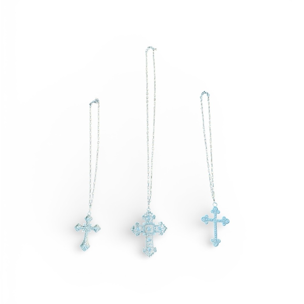 Set Of 3 Silver & Faux Diamond Cross Necklaces 19"-30" Fashion Jewelry Trinity